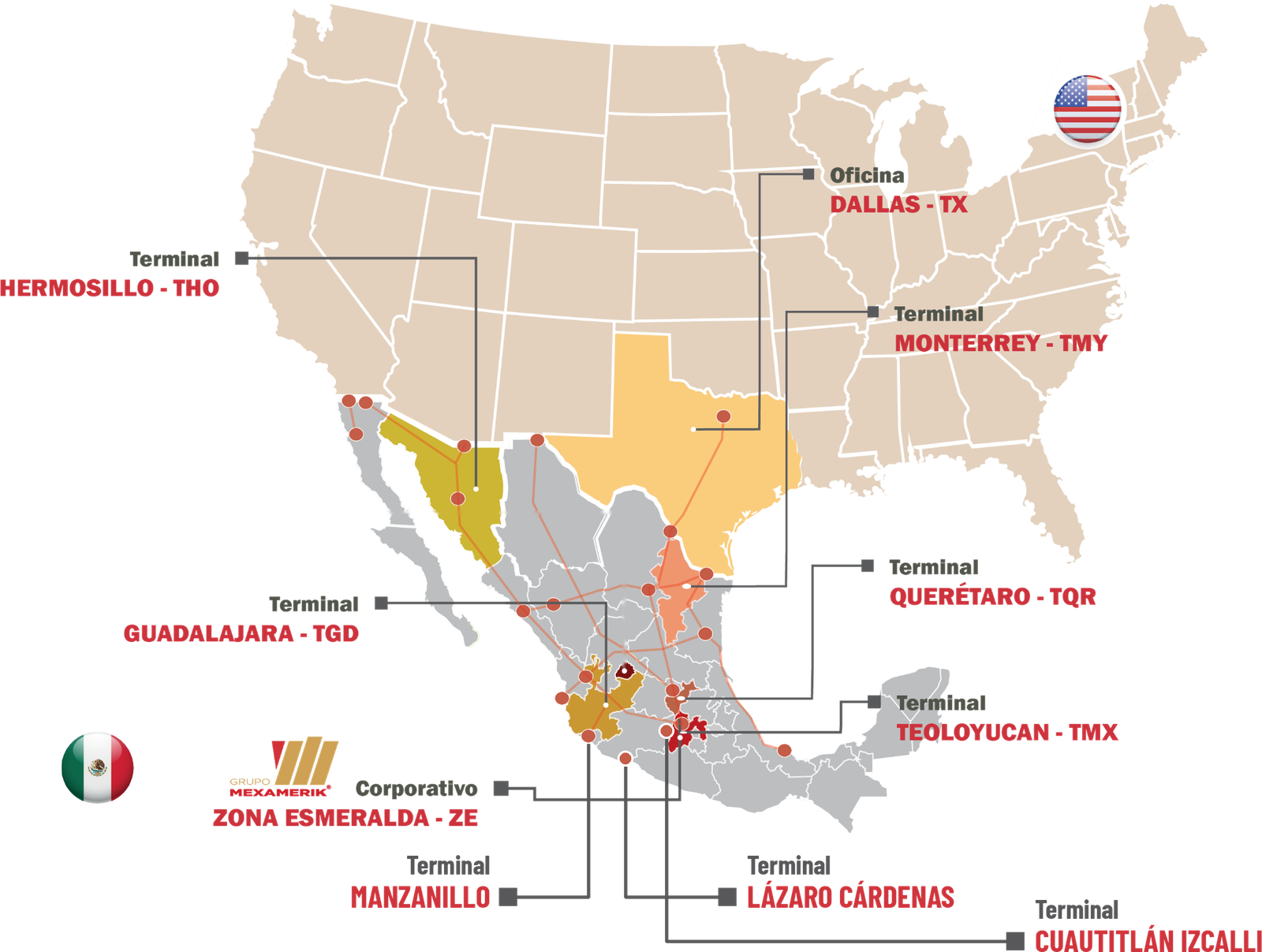 Mapa de la red de terminales de Grupo MexAmerik en México y Estados Unidos