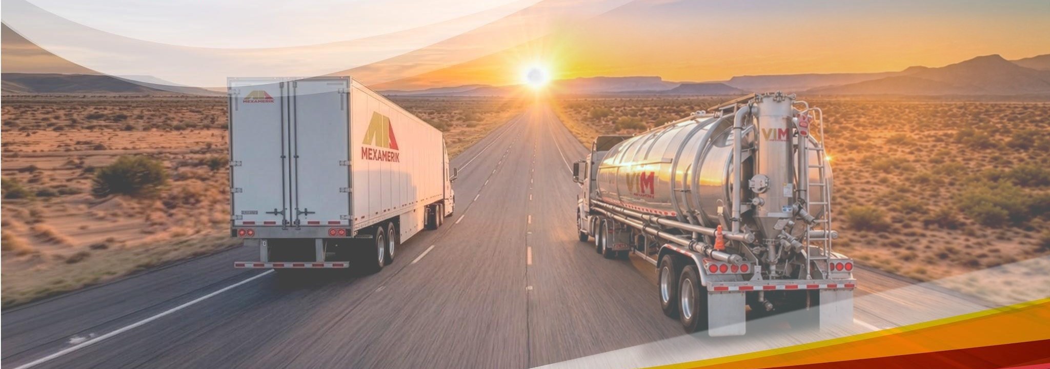 Tractocamiones de VIM y Grupo MexAmerik en carretera al atardecer